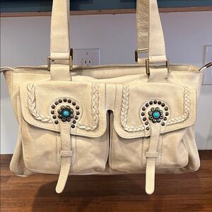 Western Look Cream Leather Shoulder Bag with Braided and Studded Accents